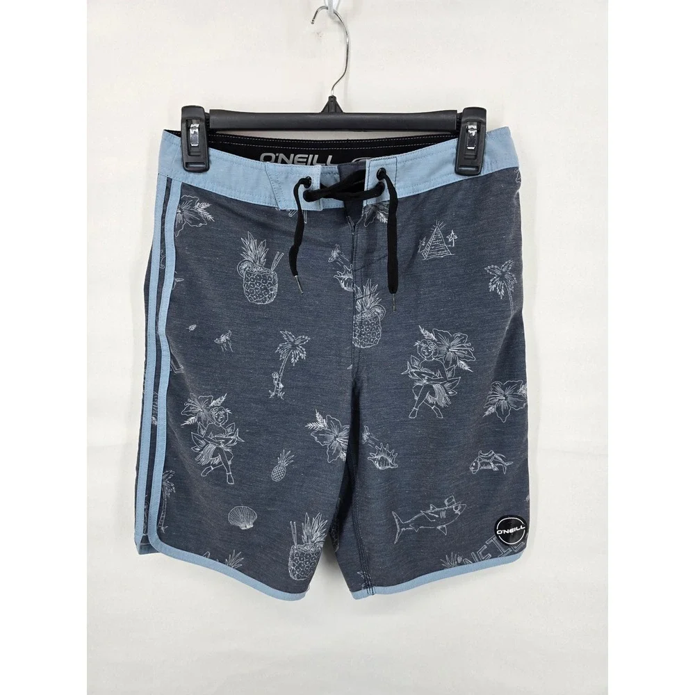ONeill Boys Board Shorts Size 14 Gray Blue Tropical Aloha Print Swim Trunks